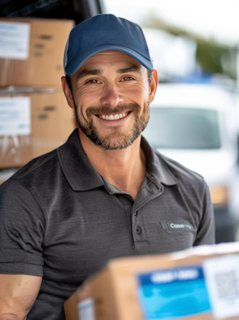 A delivery driver smiles while holding a package in front of a van.の素材