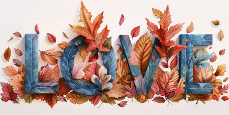 A colorful illustration of the word LOVE spelled out with leaves, with a variety of red, orange, yellow, and brown leaves surrounding the letters. The leaves are depicted in a realistic style, creating a sense of depth and texture.の素材