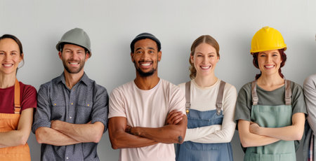 A group of construction workers of different races and genders stand together, smiling and wearing hard hats.の素材