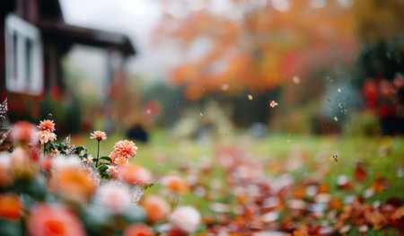 Flowers bloom in the foreground near a log cabin, with fall foliage and a wooden structure visible in the background.の素材