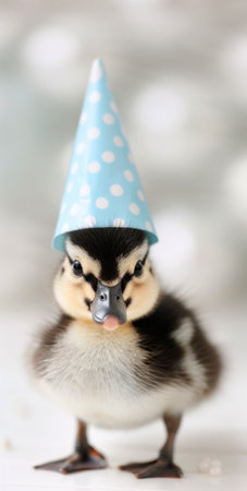 A duckling wearing a blue and yellow polka dot party hat stands on a white background. It is looking towards the right side of the frame with its head slightly tilted.の素材