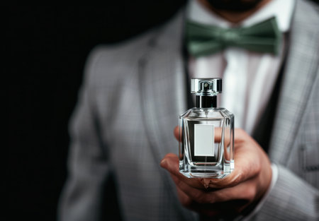 A man in a suit holds a glass bottle of perfume, the liquid inside is clear and slightly green. His hand is in focus, and the bottle is resting in his palm.の素材