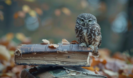 An owl sits perched on a worn, leather-bound book in a forest setting, surrounded by fallen leaves. The owl's large, yellow eyes stare intently at the camera. The soft focus of the background creates a peaceful, whimsical atmosphere.の素材