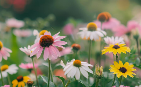 A closeup of a pink coneflower in a field of wildflowers. The flower is in focus, while the other flowers in the background are blurred. The coneflower is surrounded by other wildflowers, including yellow and white daisies.の素材