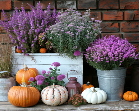 A decorative fall arrangement features pumpkins, flowers, and a lantern in front of a brick wall. A large pot of lavender is in the foreground, along with smaller pots of pink and white flowers.の素材