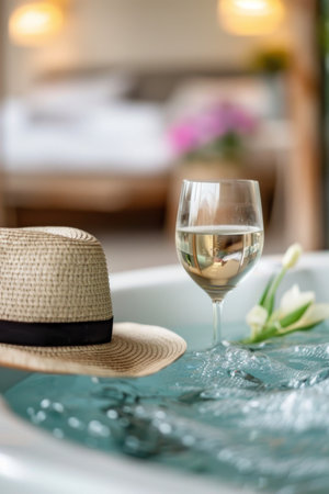A straw hat and glass of white wine sit on the edge of a hot tub, with a blurry background of a bedroom. The water in the hot tub is rippling and bubbly.の素材