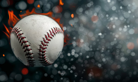 A baseball is engulfed in flames, with sparks flying off in the background.の素材