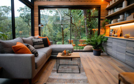 A comfortable couch with plush pillows sits by a window with a view of a forest. The couch is decorated with plants and a blanket, inviting relaxation and enjoyment.の素材