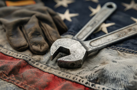 A wrench and work gloves lie on an American flag, suggesting hard work and patriotism. The worn condition of the objects implies a history of use and dedication.の素材