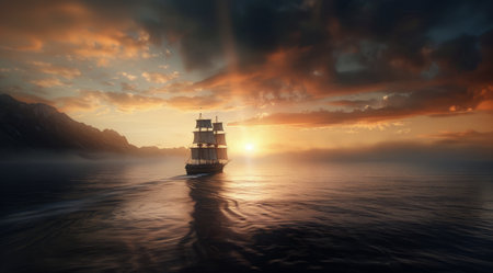 A sailboat with white sails travels across the calm ocean waters during a golden sunset. The setting sun shines brightly in the distance, creating a warm glow over the water.の素材