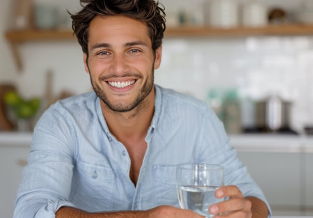 A man with a beard and long hair smiles as he holds a glass of water in his hand. He is wearing a white shirt. The kitchen is out of focus in the background.の素材