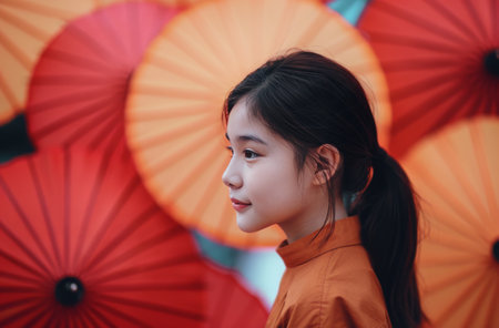 A young woman with dark hair and wearing a red kimono stands before a backdrop of red umbrellas. The woman looks directly at the camera with a neutral expression.の素材