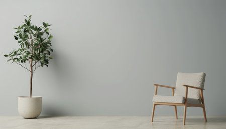 A potted plant with green leaves stands to the left of a wooden armchair with a white patterned fabric cushion, against a light gray wall.の素材