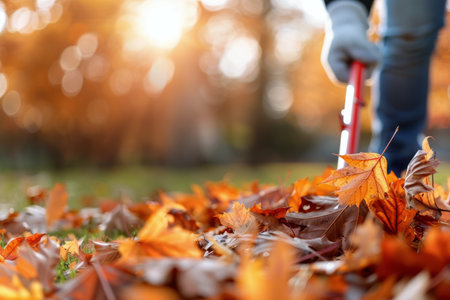A person wearing gloves rakes fallen leaves in a park during autumn. The rake is red and the leaves are yellow and orange.の素材