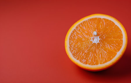 A juicy orange slice rests on a red background.の素材