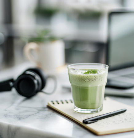 A close-up of a glass of matcha latte with a light foam layer, resting on an open notebook on a marble table. A laptop and headphones are visible in the background, suggesting a work or study environment.の素材
