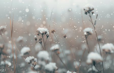 A field of delicate white flowers covered in snow. The branches are bare and the background is blurry, creating a soft, ethereal feel.の素材