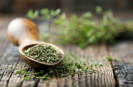 Dried thyme in a wooden spoon and fresh sprigs of thyme on a weathered wooden surface.の素材