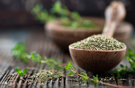 Dried thyme in a wooden spoon and fresh sprigs of thyme on a weathered wooden surface.の素材