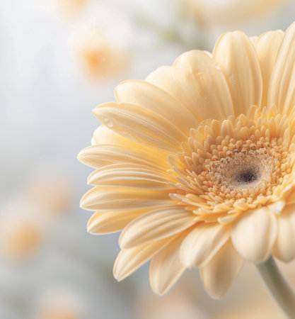 A white gerbera daisy with a yellow center is shown in a close-up view. The flower's petals are soft and delicate, creating a sense of peace and tranquility.の素材