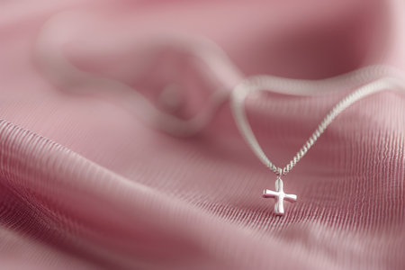 A silver cross necklace rests on a pink background with white flowers out of focus in the background.の素材