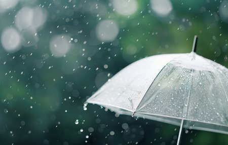 Close-up of a transparent umbrella covered in raindrops, with the rain falling in the background.の素材