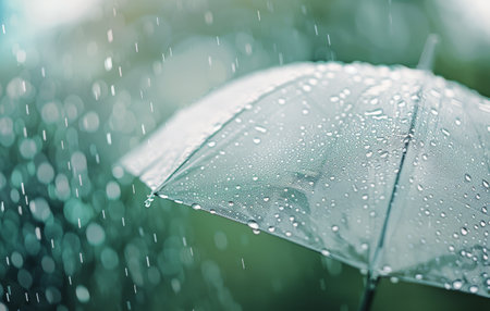 Close-up of a transparent umbrella covered in raindrops, with the rain falling in the background.の素材