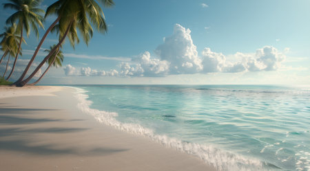 A white sand beach with crystal clear turquoise water and a lone palm tree swaying gently in the breeze. The sun is shining brightly, and the sky is a beautiful blue with fluffy white clouds.の素材