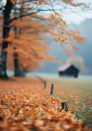 A close-up view of fallen leaves in the foreground, with a blurry background showing a forest and a small cabin in the distance. The colors are muted, giving a sense of peace and tranquility.の素材