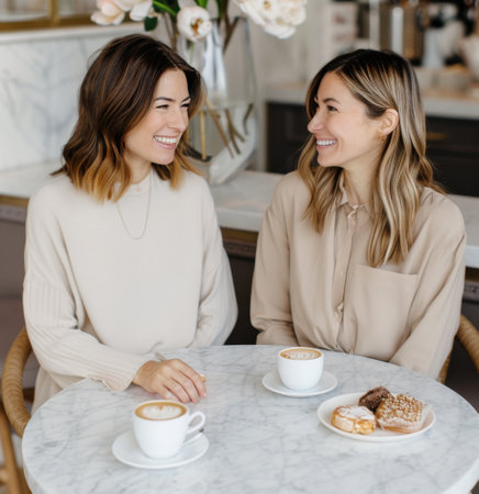 Two women laugh and chat over coffee and pastries at a cafe. They are sitting at a marble table with their drinks and food in front of them. The cafe is brightly lit, and the women seem to be enjoying their time together.の素材