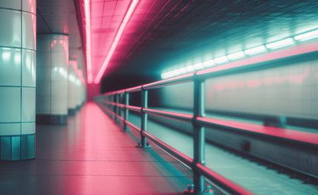 A long, concrete tunnel with a pink neon light running along the ceiling. The tunnel is empty, except for a single pillar on the right side. The end of the tunnel disappears into a hazy, white light.の素材
