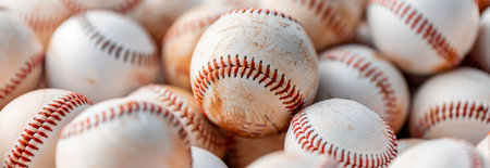 A close-up image of several white baseballs, with red stitching, piled together in a random order. Some balls are showing signs of wear, with dirt or other marks on their surface.の素材