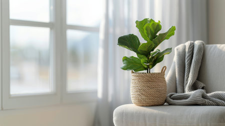 A fiddle leaf fig plant sits in a woven basket by a window, with a chair and blanket to the left. The sunlight filters through the window, illuminating the room.の素材