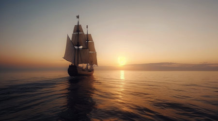 A sailboat with white sails travels across the calm ocean waters during a golden sunset. The setting sun shines brightly in the distance, creating a warm glow over the water.の素材
