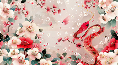 A red snake is curled around a blooming cherry tree branch, with pink flowers and small white flowers.の素材