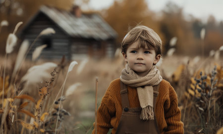 A young boy wearing a brown sweater and scarf looks off to the side, standing in a field of tall grass with a cabin in the background. The image has a warm, autumnal tone.の素材