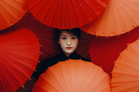 A young woman with dark hair and wearing a red kimono stands before a backdrop of red umbrellas. The woman looks directly at the camera with a neutral expression.の素材