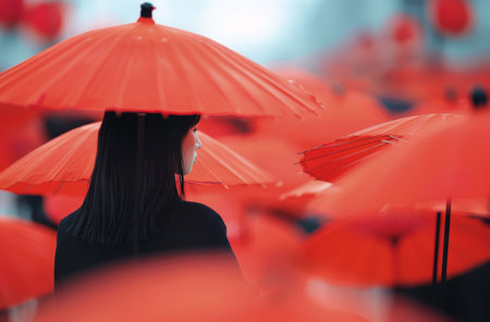 A young woman with dark hair and wearing a red kimono stands before a backdrop of red umbrellas. The woman looks directly at the camera with a neutral expression.の素材