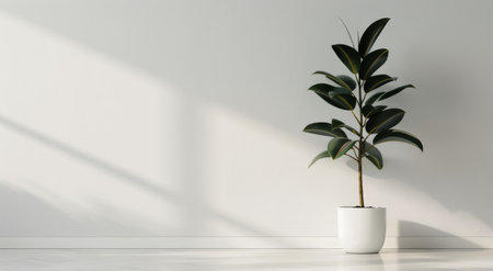 A ficus plant in a white pot stands against a plain white wall. The plant has dark green leaves and a simple, rounded pot.の素材