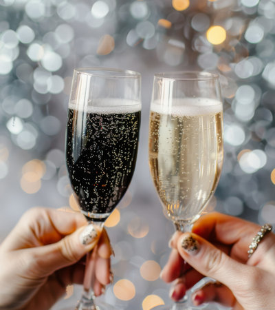 Two people raise their champagne flutes in a toast, celebrating a special occasion. A blurred background of twinkling lights adds to the festive mood.の素材