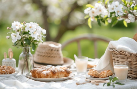 A picnic table set with pastries, juice, and a white cloth, beneath a flowering apple tree.の素材