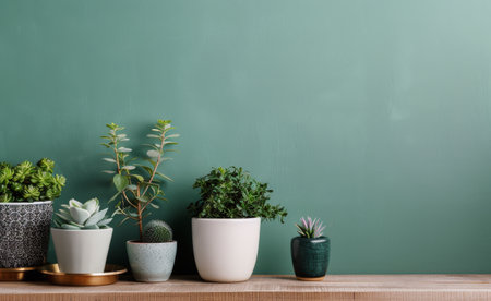 Indoor plants in various pots arranged on a wooden shelf in front of a green wall.の素材