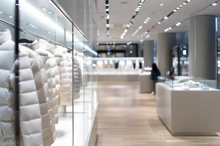 A row of glass display cases in a retail store showcase winter jackets. The jackets are displayed on mannequins and feature a variety of colors, styles, and fabrics.の素材