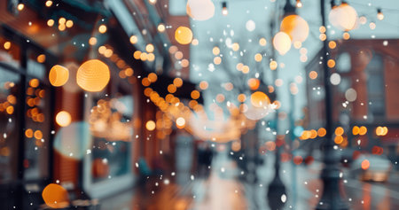 String lights hang against a wooden surface with a blurred sunset in the background.の素材