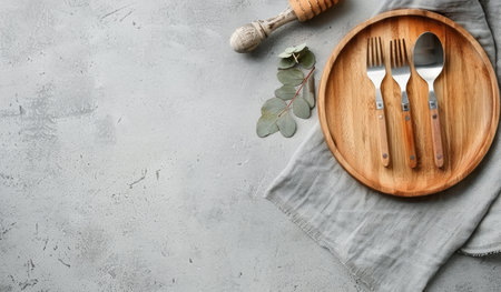 A wooden plate with silverware and a napkin sits on a gray surface. Green leaves are in the background.の素材