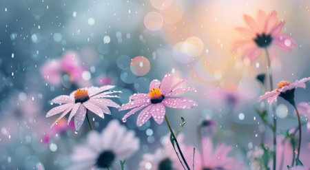 Pink cosmos flowers bloom in a field as rain falls around them. The soft light of the setting sun casts a warm glow on the scene.の素材