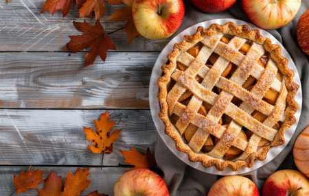 A freshly baked apple pie rests on a rustic wooden table with fall-colored leaves, pumpkins, and an apple beside it.の素材
