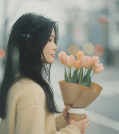 A young woman with long black hair is standing outdoors and holding a bouquet of pink tulips. The background is blurry, showing a city street with lights.の素材