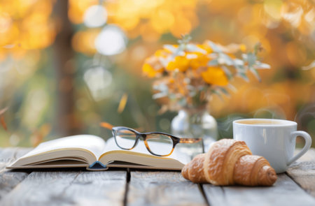 A cup of coffee, a croissant, and an open book rest on a wooden table outside. The background is blurred, showing a bouquet of flowers and a sunny, autumn day.の素材
