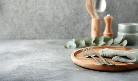 A wooden plate with silverware and a napkin sits on a gray surface. Green leaves are in the background.の素材